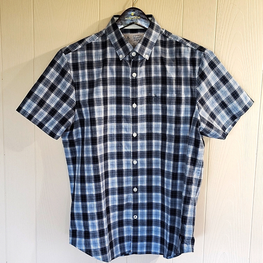 Penguin Original Button Down Blue-Blk Plaid Size M